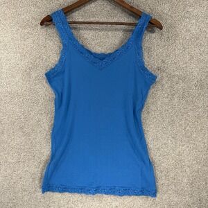 Y2K Layering Lace Trim Tank Top Cami Bright Blue Northcrest L Stretchy Fitted